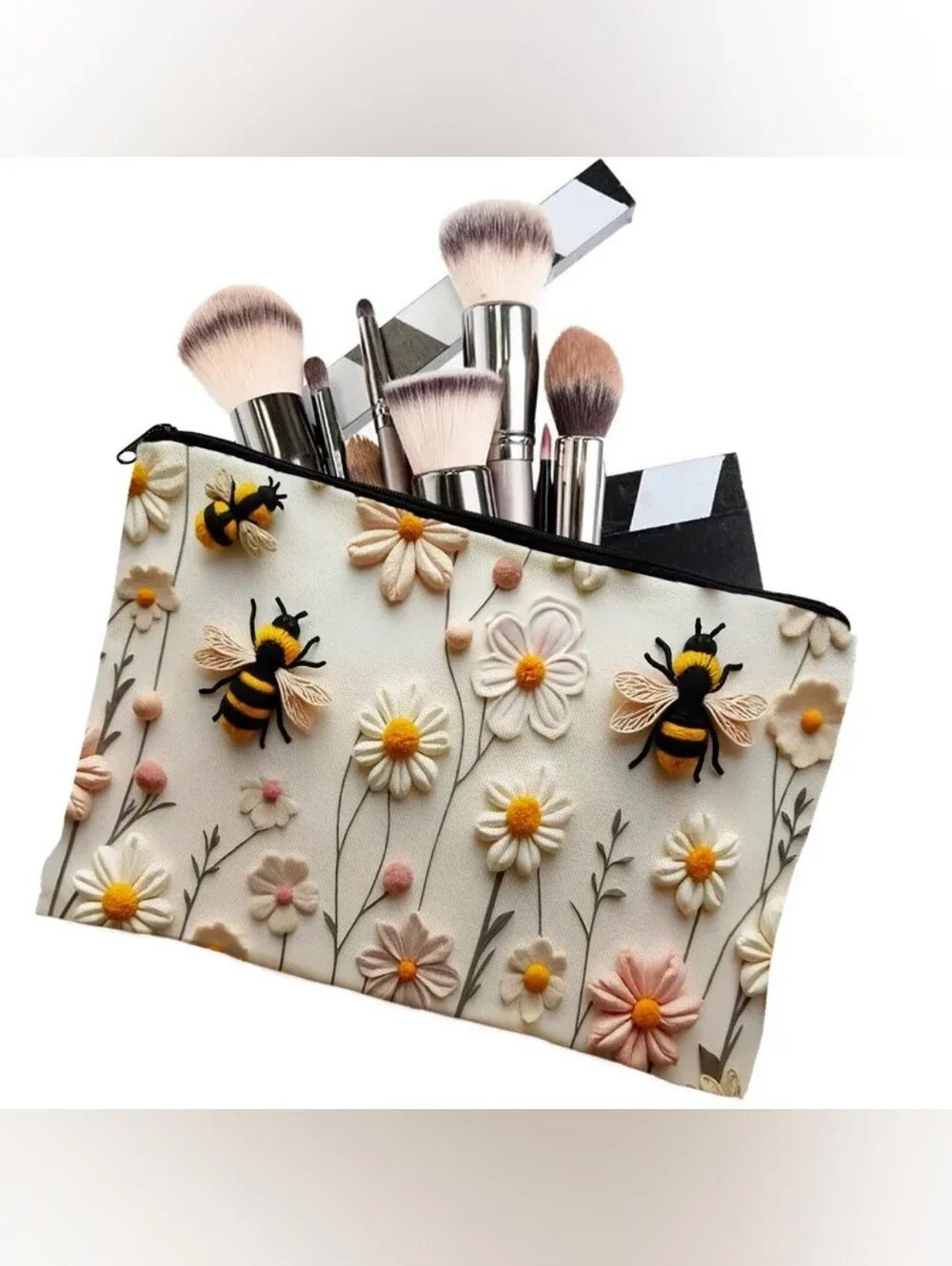 2D Bee & Daisy Floral Makeup Bag with Secure Zipper Closure  New